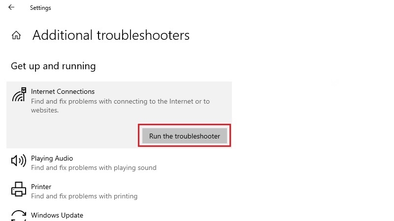 Nút Run the troubleshooter đang được nhấn