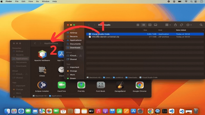 Thao tác kéo thả biểu tượng Visual Studio Code vào thư mục Applications Thao tác kéo thả biểu tượng Visual Studio Code vào thư mục Applications