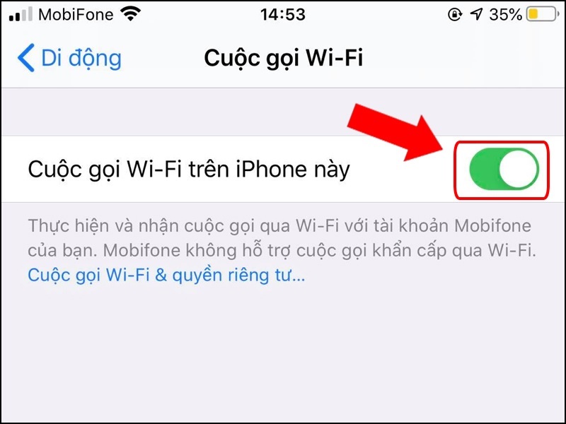 Kéo thanh trượt ở mục Cuộc gọi Wi-Fi trên iPhone này sang phải