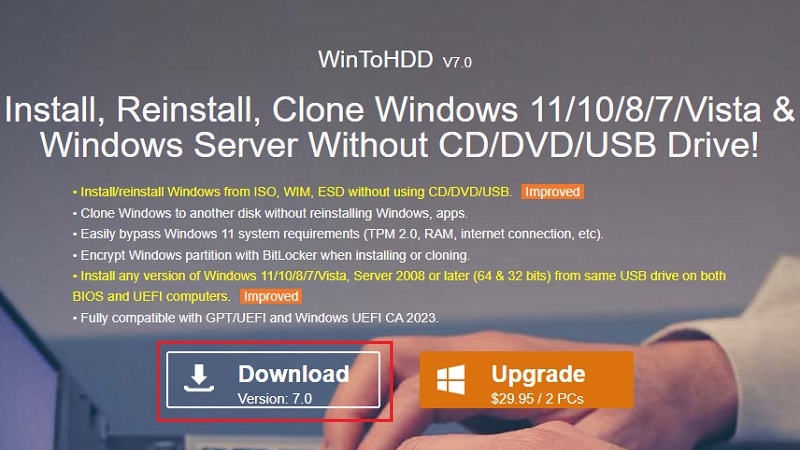 Tải phần mềm WinToHDD từ website chính thức Tải phần mềm WinToHDD từ website chính thức