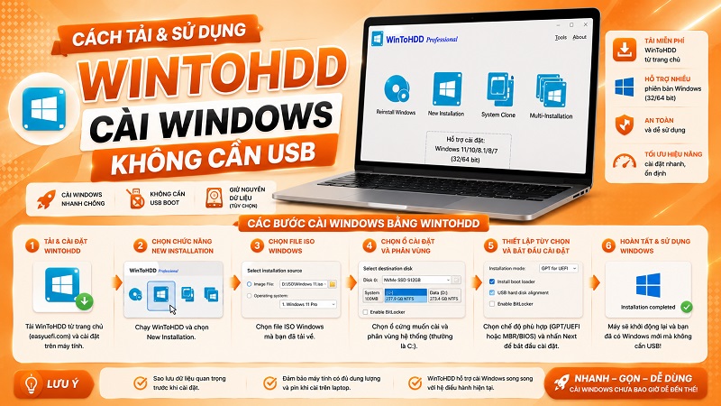 Cách tải và sử dụng WinToHDD cài Windows không cần USB