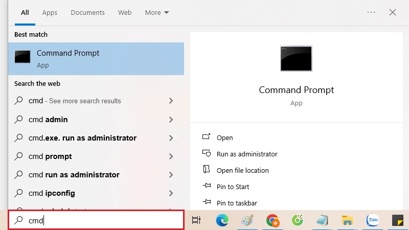 Nhấn vào Start, gõ "cmd"