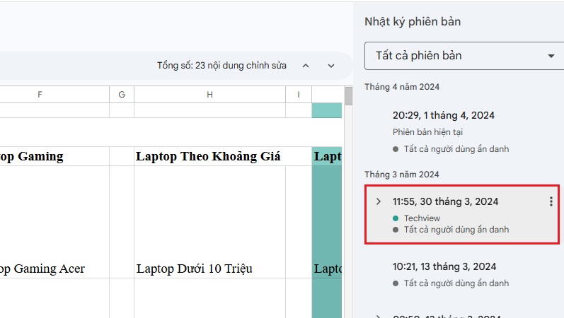 Hướng dẫn khôi phục phiên bản cũ trong Google Sheet
