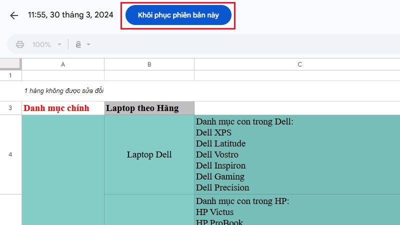 Hướng dẫn khôi phục phiên bản cũ trong Google Sheet