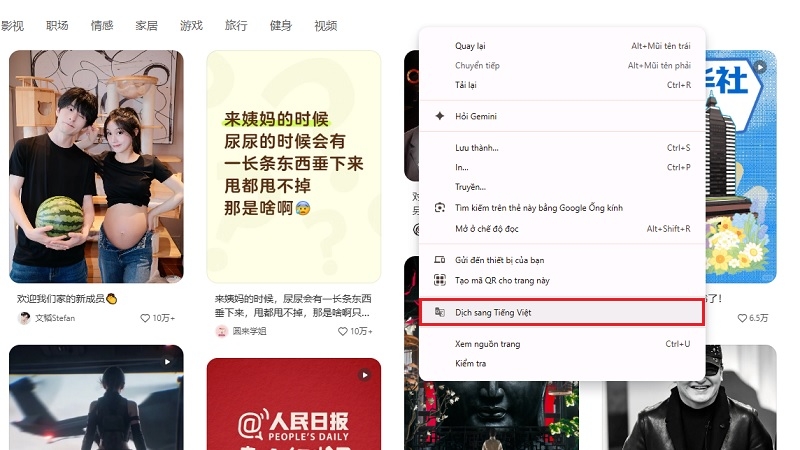 Chọn dịch trang Xiaohongshu sang tiếng Việt bằng chuột phải trên Chrome