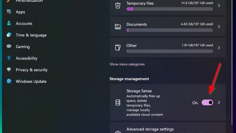 Bật công tắc Storage Sense Bật công tắc Storage Sense
