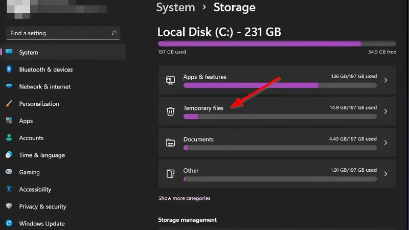 Nhấn vào dòng Temporary files Nhấn vào dòng Temporary files