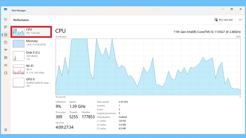xem xung nhịp CPU hiện tại và tốc độ cơ sở trong Task Manager